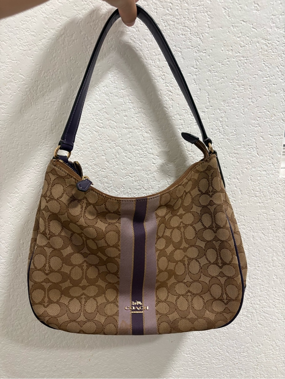 Coach Brown Signature Jacquard Shoulder Bag with Purple Stripe